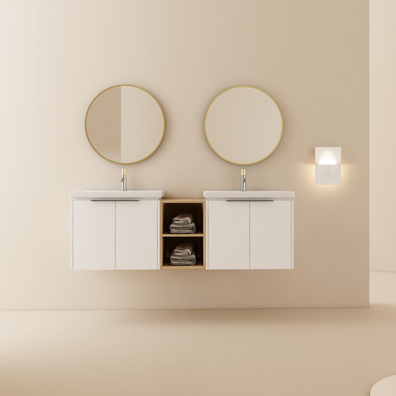 60" White Bathroom Vanity With Shelves And Ceramic Basin - Classic Look Wall Mounted Sink Cabinet Elegant Option