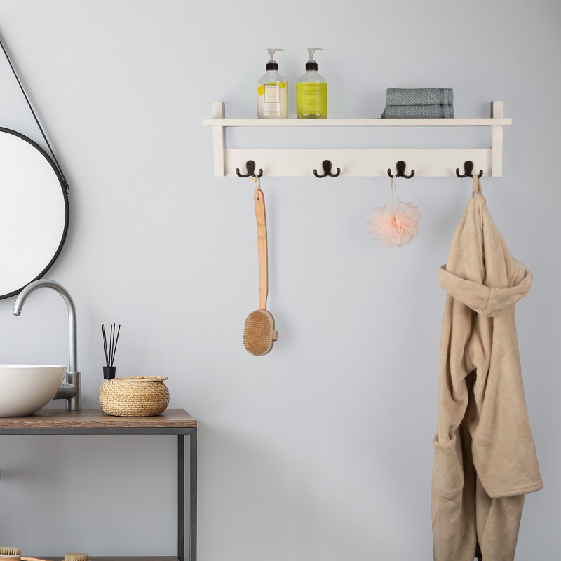 30" Wide Cottage Beach House Design Wall Mounted Coat Rack with 4 Hooks And 1 Shelf Tray, White