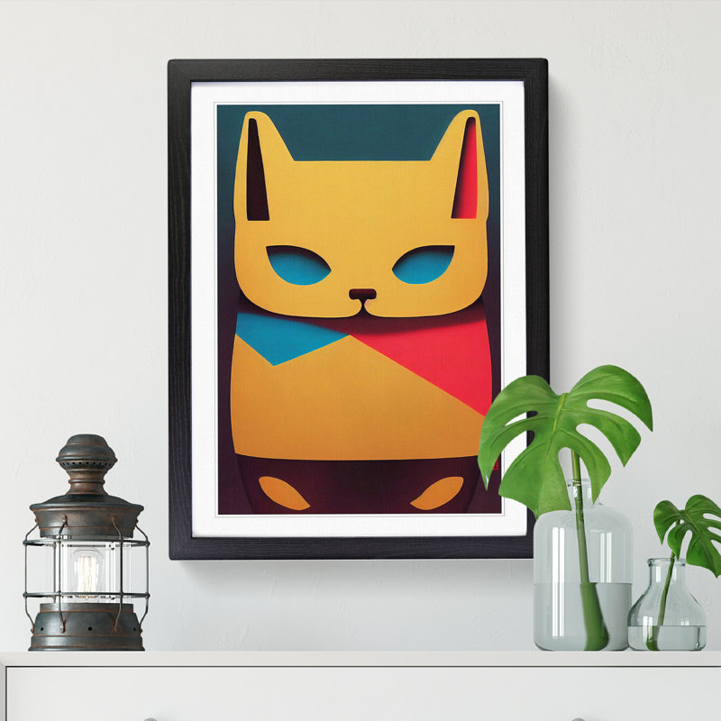 Maneki Neko Cat Cubism - Single Picture Frame Print, 64cm H x 46cm W x 2cm D, Oak