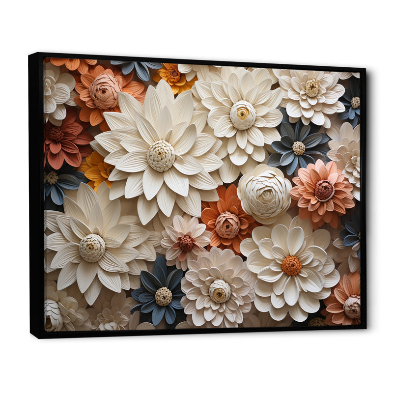 Minimalisme beige, collage Zinnias sur toile, Cadre flottant noir, H 12 po x l 20 po x P 1 po