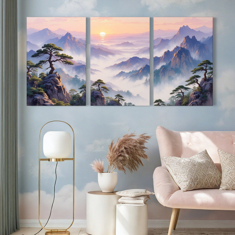 Tableau sur toile tendue représentant un paysage de montagne brumeux (ensemble de 3), H 36 po x l 72 po
