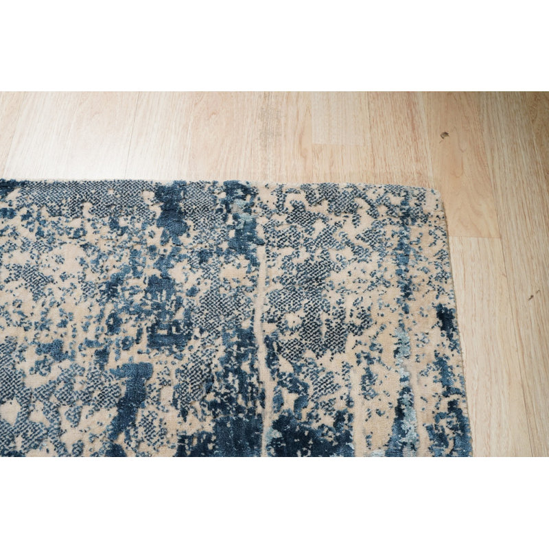 8x10 Blue Machine Made Wool Coastal Distressed Abstract Modern Contemporary Carpet Rug