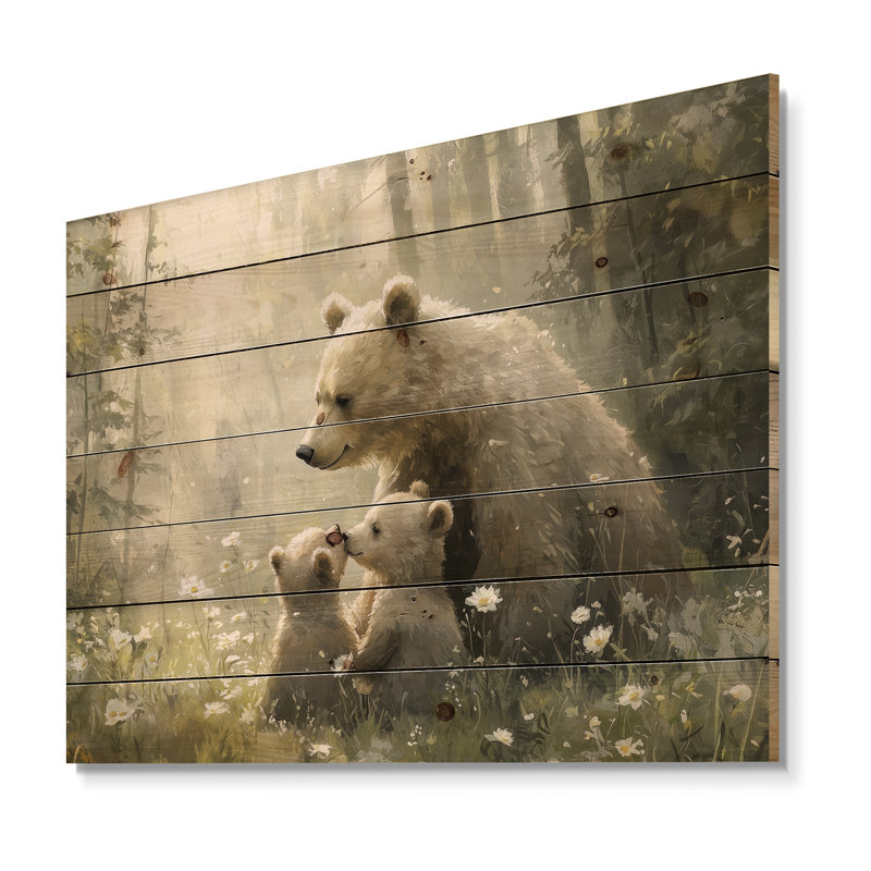 Mère ours avec des petits en hiver I - Reproduction en bois d'ours - sur bois de pin naturel, H 30 po x l 40 po x P 0,78 po