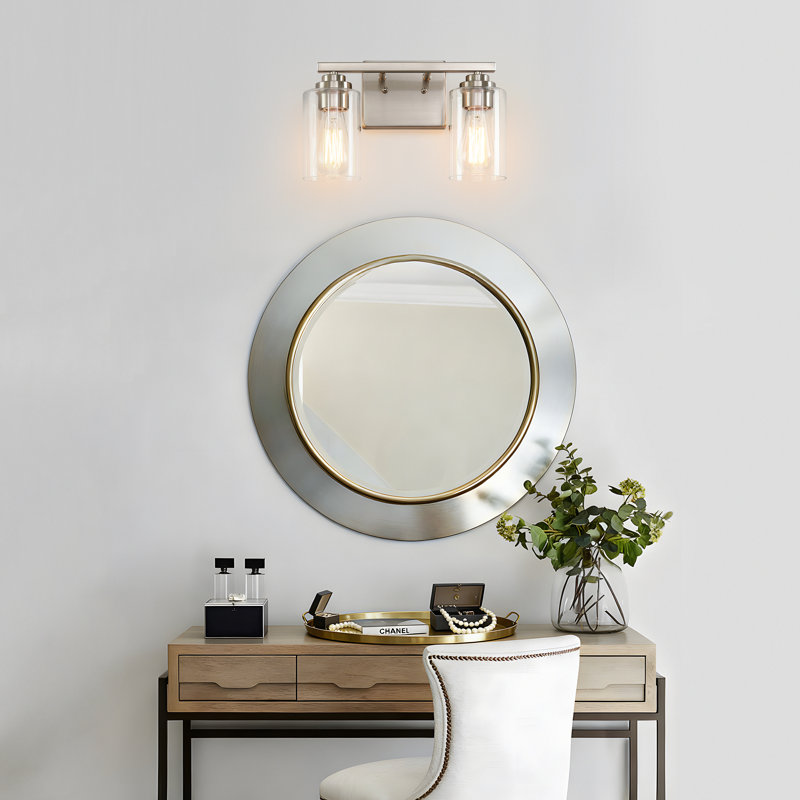Éclairage de salle de bain à intensité variable à 2 lumières en nickel brossé 13,56 po avec abat-jour en verre transparent pour petits espaces