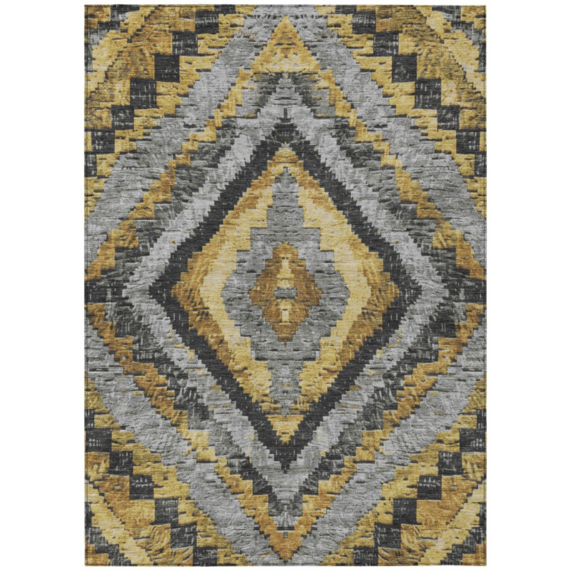 Tapis intérieur/extérieur lavable, motif aztèque doré et gris, 2,44 m x 3,05 m