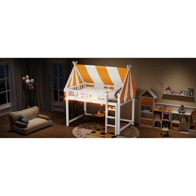 Full Size Loft Bed With Canopy, Led Lights And Book Shelf In White - Bright Canopy Design, Soft Lighting For Bedtime, Front Display Artwork, Wood , Open Space Play Small ,