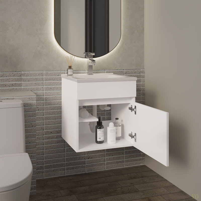 18" Wide Floating Bathroom Vanity, With One Cabinet And Two Shelves, White