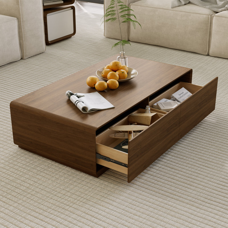 Table basse de 51 po rectangulaire en bois avec rangement, table basse Mid-Century moderne à 4 tiroirs, entièrement assemblée, noyer