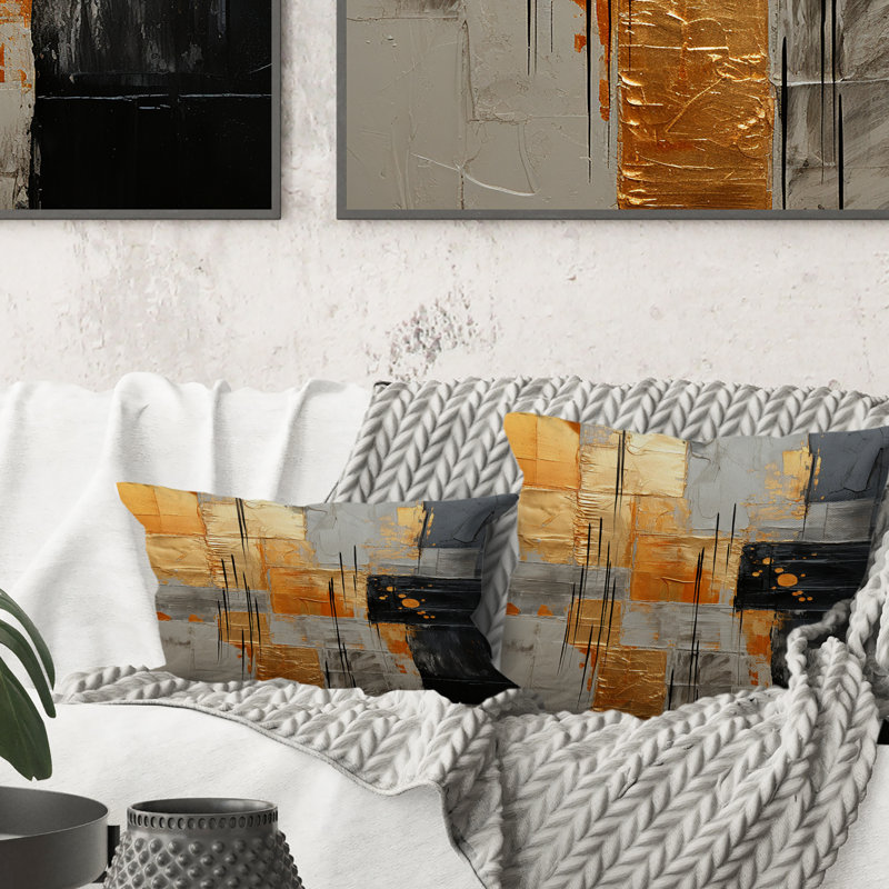 Gold Grey Gleaming Geometry I - Abstract Collages Printed Throw Pillow