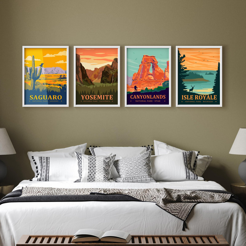 Saguaro et parc national de Yosemite, affiche, illustrations de style rétro, décoration murale, Blanc, H 14 po x l 11 po