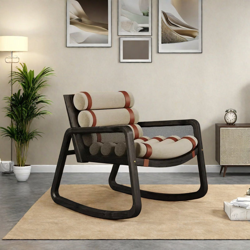 Chaise berçante élégante en bois de frêne, Noir, noir, noir, noir, Blanc cassé / blanc