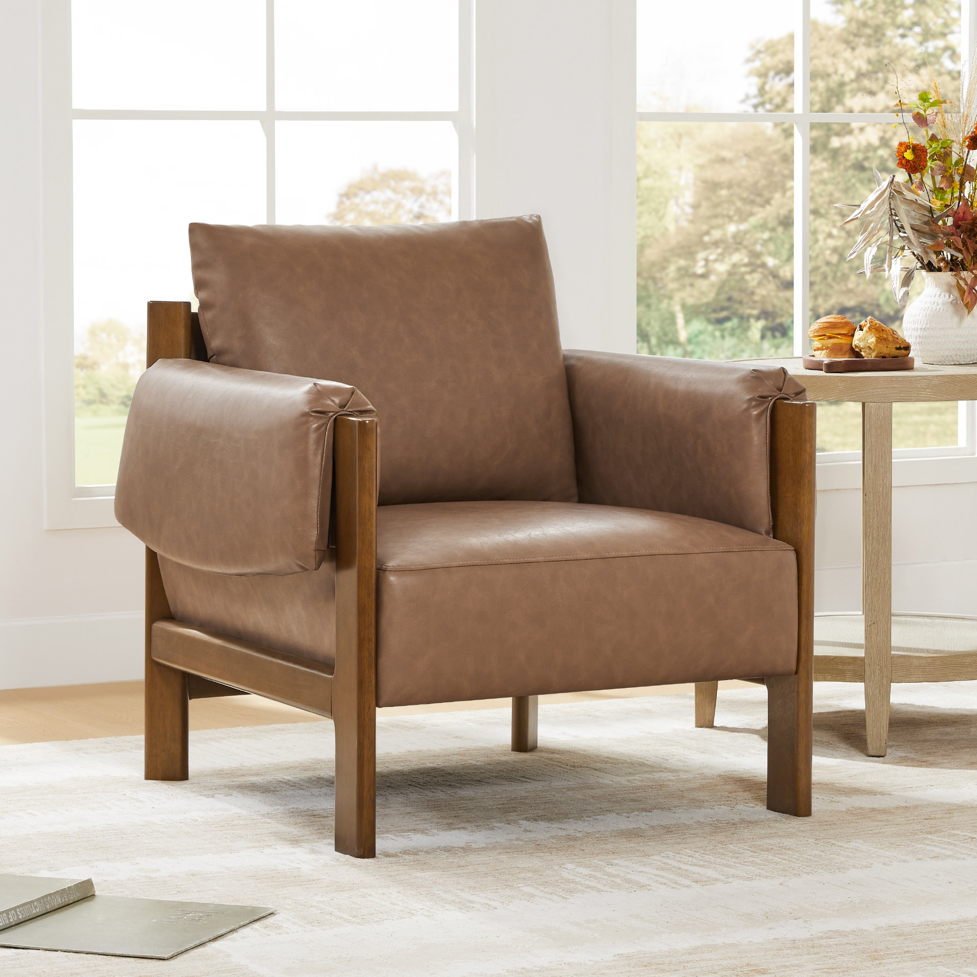 Melksham Mid-Century Accent Chair, Saddle Brown Pebbled Faux Leather, Walnut