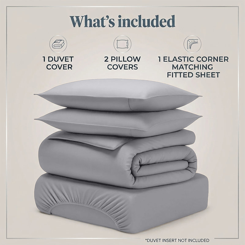 4-Piece Microfiber Duvet Cover Set – Pillowcases & Fitted Sheet, Super King Duvet Cover  + 3 Additional Pieces, Silver