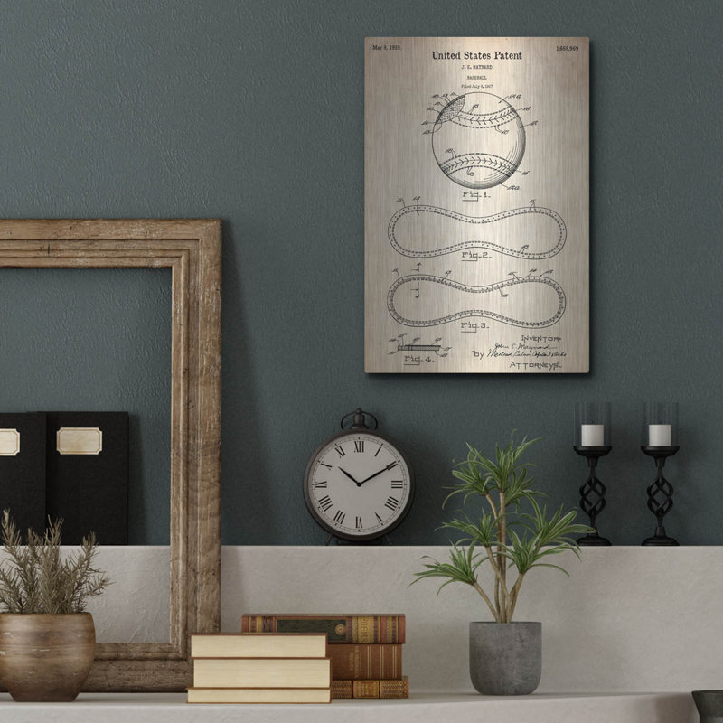 «Baseball Vintage Abstract Blueprint» par Patents, Luxe Metal Art, H 16 po x l 12 po