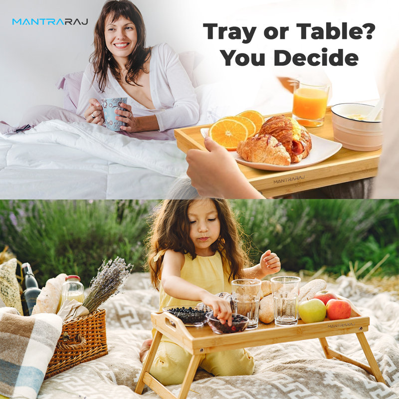 Mantraraj Wooden Bamboo Food Serving Tray Portable and Folding Legs Dinner Breakfast Tray Table