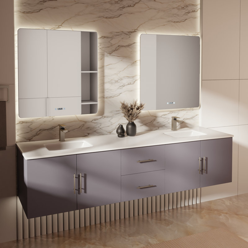 Ensemble de meuble-lavabo double mural 80 "avec miroir Geneva, Gris foncé, Quartz blanc