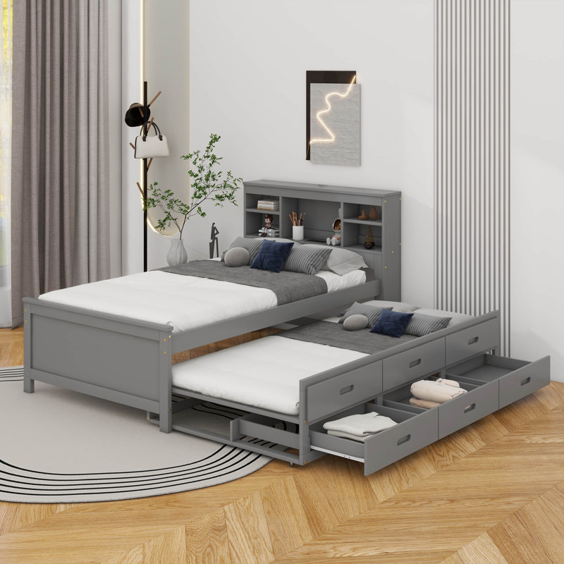 Lit plateforme simple avec tête de lit, USB, lit gigogne et 3 tiroirs, Gris