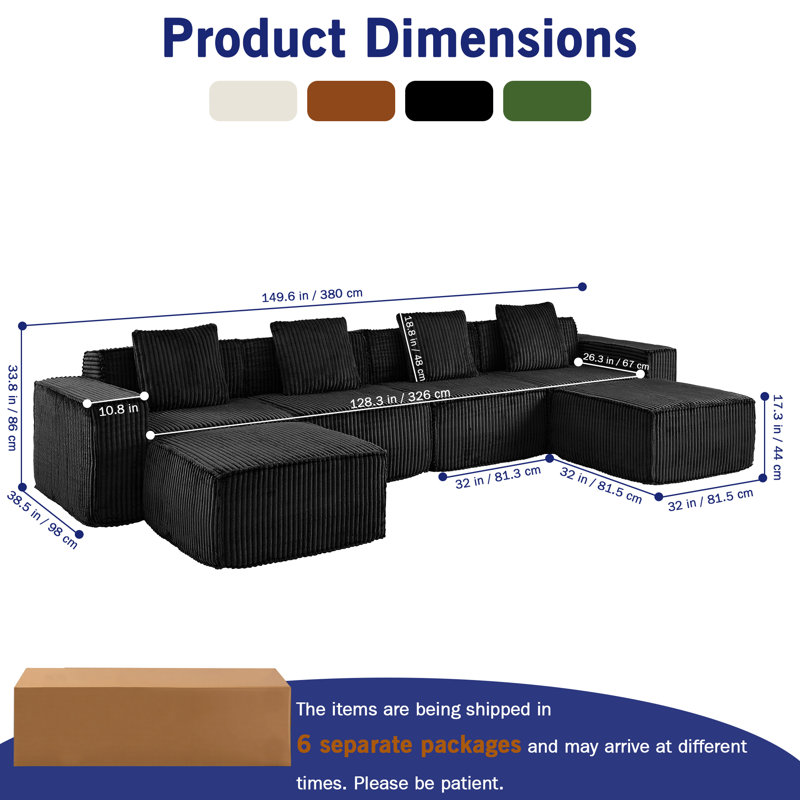 Boneless L-shaped or U-shaped corduroy modular sofa, freely configurable, boneless design, Black Corduroy