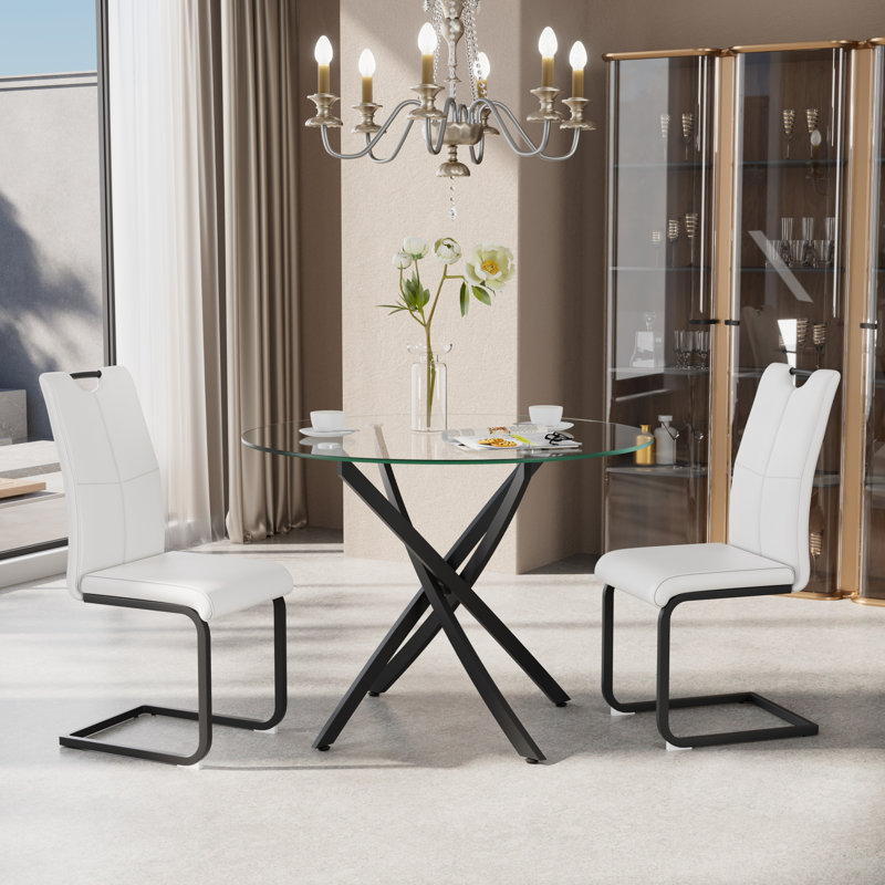 36in Round Glass Top Pedestal Dining Set, 3, White