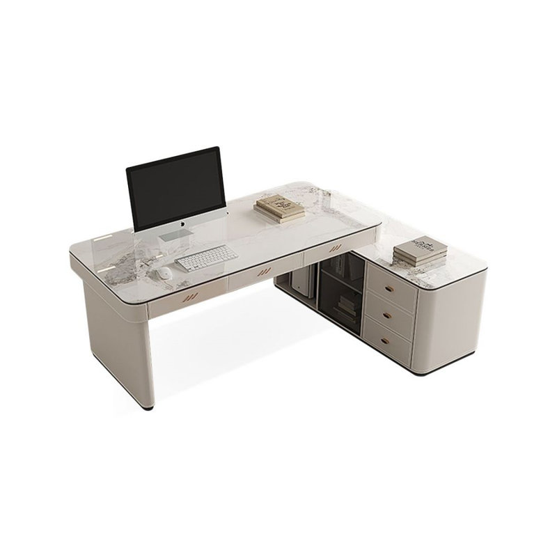 Bureau en pierre moderne et simple en forme de L avec tiroirs, Retour à droite, H 29,53 po x l 55,12 po x P 29,53 po