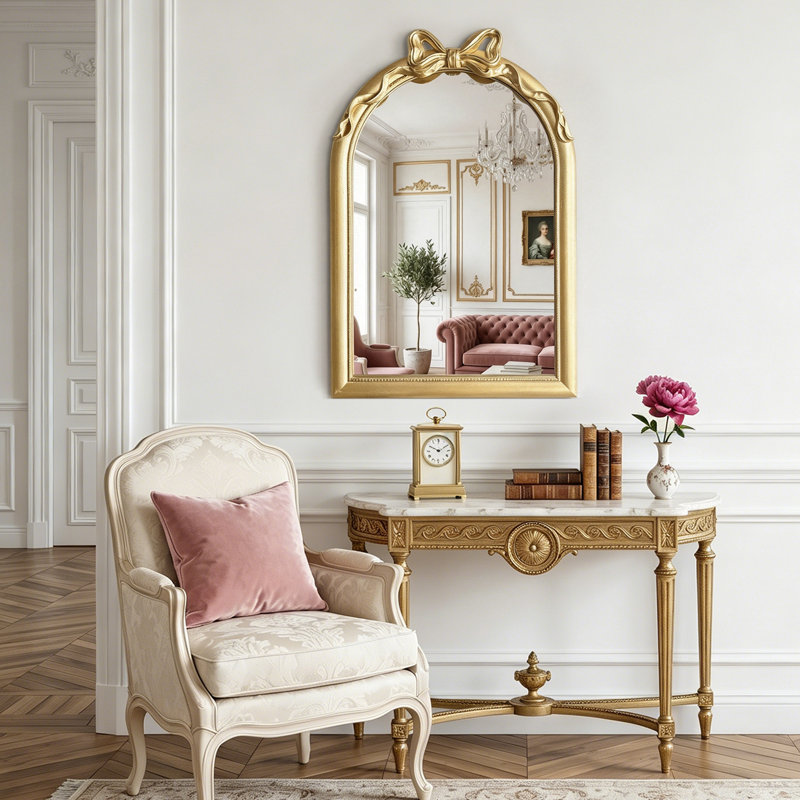 28" French Country Round Vanity Mirror, Cream & Gold Bow Framed Mirror for Nursery, 36" x 24", Gold