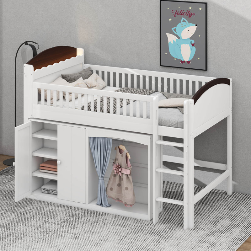 Loft Bed With Storage Cabinet, Wood Loft Bed Frame With LED Light & Wardrobe, White/Espresso, Twin