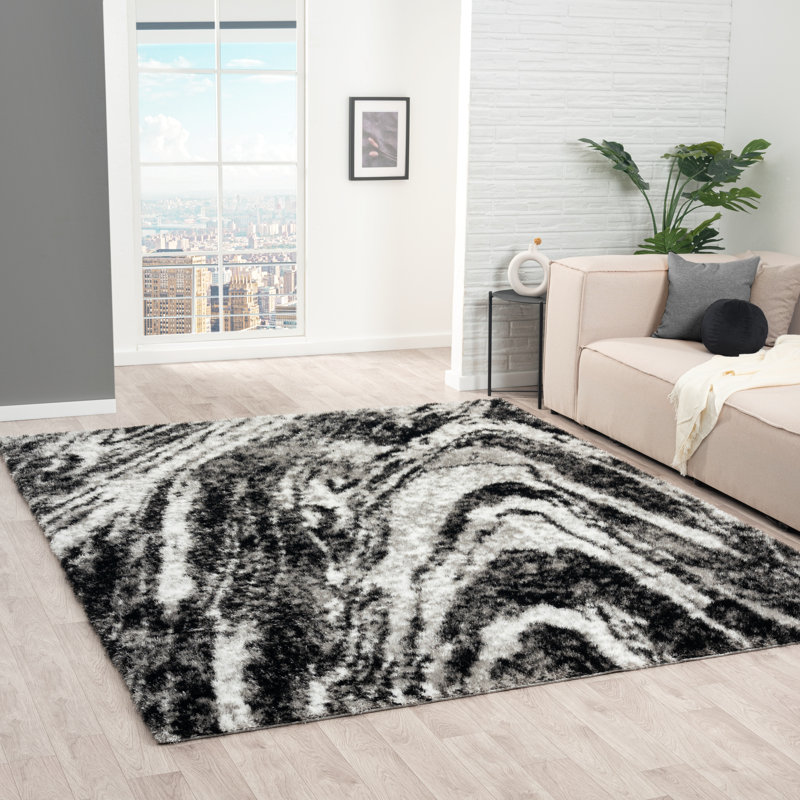 Abstract Area Rug in Black, Rectangle 2' x 3'