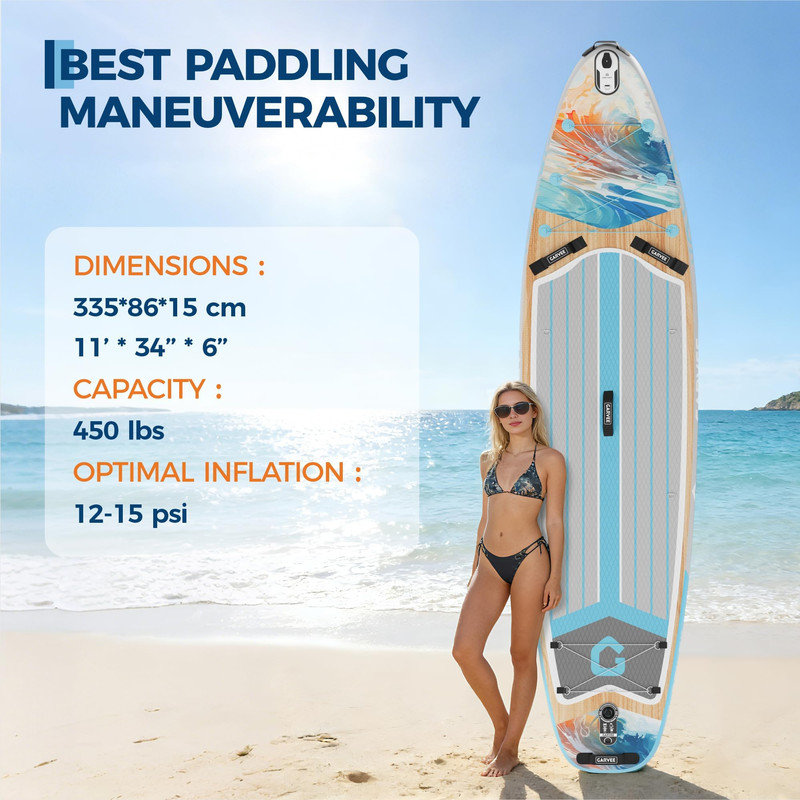 Paddleboard gonflable de 11 pi avec système Tri-Fin, rangement pour sac à dos et sac à dos de transport pour le yoga et le touring