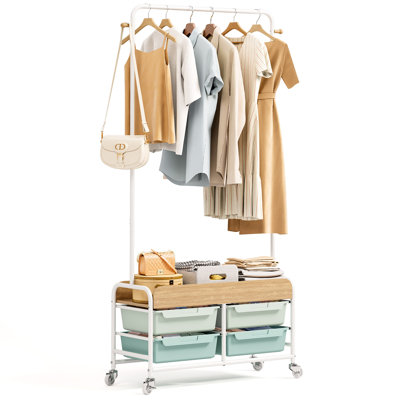 Portant à vêtements en métal, organisateur de garde-robe autoportant avec tringle suspendue et 4 tiroirs, portemanteau à roulettes robuste, support à vêtements en métal avec roulettes verrouillables pour chambre à coucher, garde-robe, salon et salle de lavage
