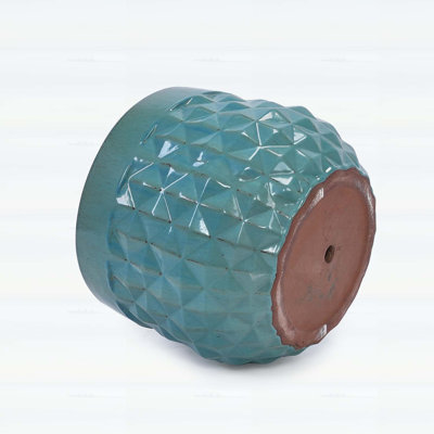 Handmade Ceramic Planter Pots Set of 3, Vintage Turquoise Diamond Embossed Textured Flower Pots with Drainage Hole for Indoor and Outdoor Use