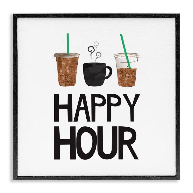 Happy Hour, expression, café, boisson glacée, cuisine, boisson, maison de campagne grise, estampe numérique encadrée, art texturé par Jennifer Mccully