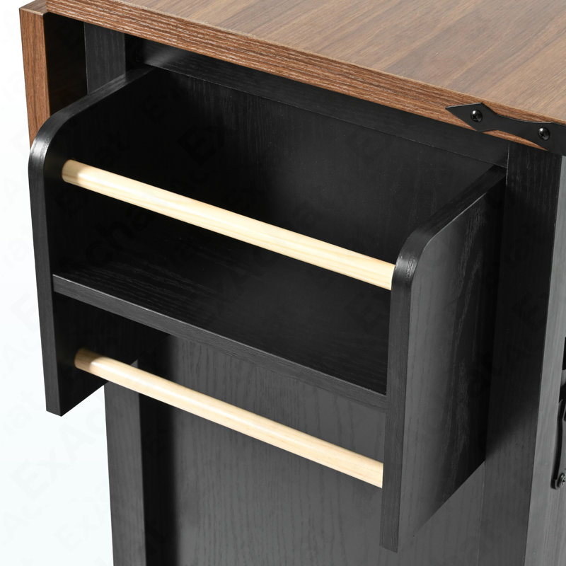 53.7" Farmhouse Kitchen Island With Power Outlet, 2 Sliding Barn Door Kitchen Storage Island With Drop Leaf, Spice Rack Rolling Kitchen Cart On Wheels, For Home, Kitchen And Dining Room, Black