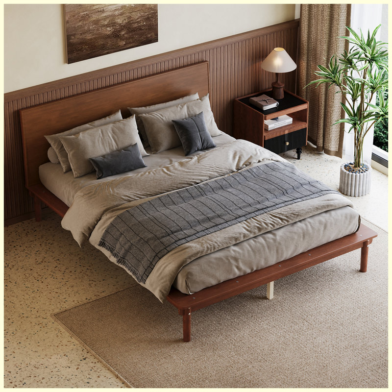 Mid-Century Modern Queen Platform Bed Frame with Angled Headboard, Walnut