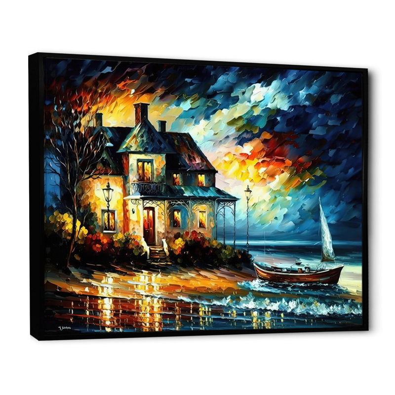 Colorful Beach House III - Art mural sur toile plage / campagne, H 12 po x l 20 po x P 1 po, Cadre flottant noir