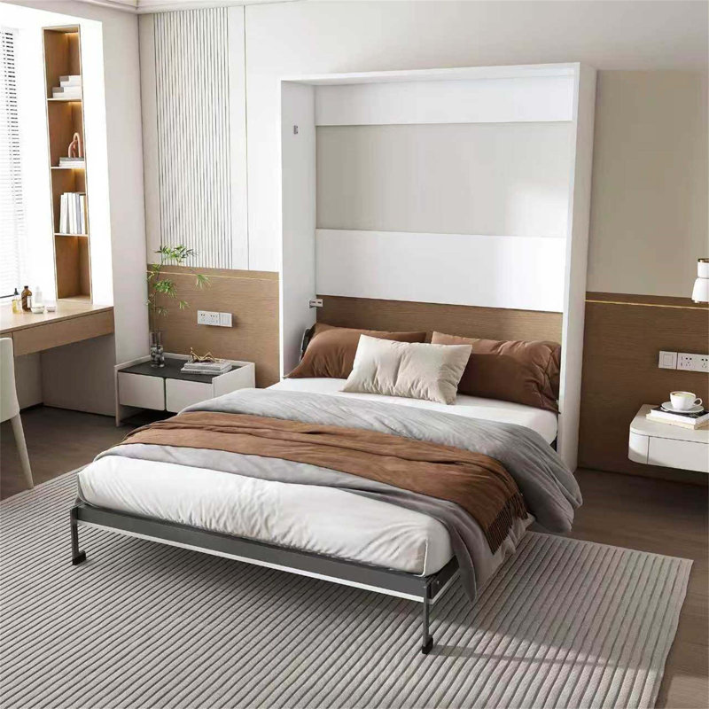 Grand lit escamotable avec structure en métal pliable de 65 pouces, lattes en bois massif, conception dissimulée pour les chambres et les chambres d'amis, blanc