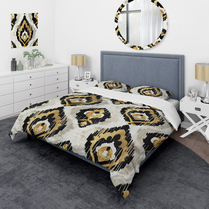 Black Gold Geometric Retro Print - Geometric Retro Duvet Cover Set, King Duvet Cover + 2 King Pillow Shams