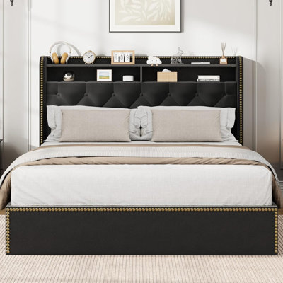 Velvet Upholstered Bed Frame with 4 Storage Drawers, Platform Bed Frame Tufted Headboard with Nailhead Trim, Wooden Slats Support, No Box Spring Needed