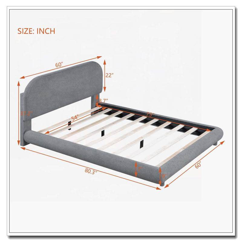 Lit plateforme tapissier Teddy, Gris, Lit double