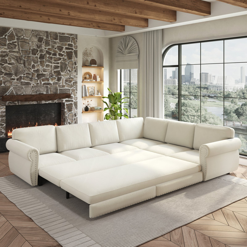Canapé-lit en L avec lit escamotable, canapé-lit convertible surdimensionné avec garniture cloutée et accoudoirs roulés, canapé modulaire revêtu de chenille, pour salon, appartement, bureau