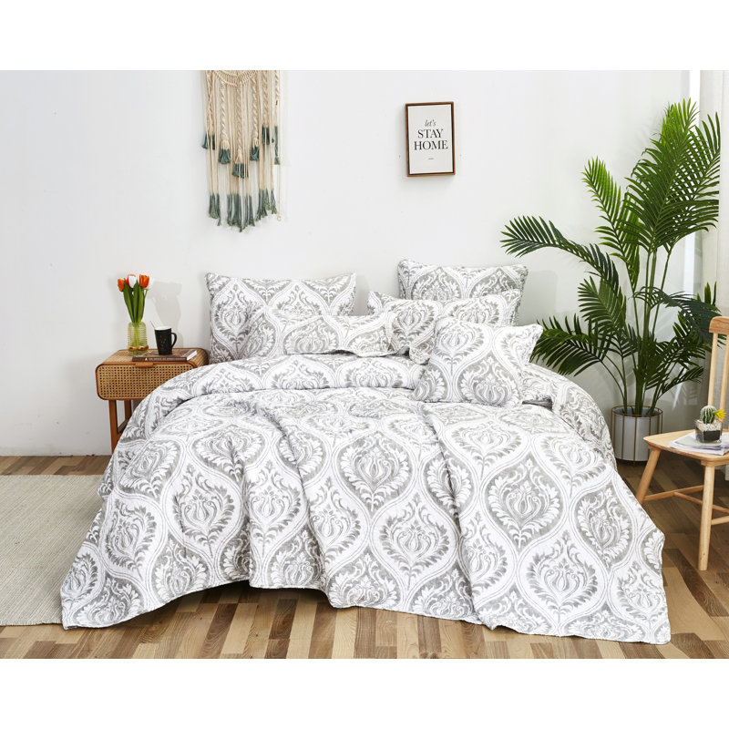 California King Gray Microfiber Reversible Damask Quilt Set