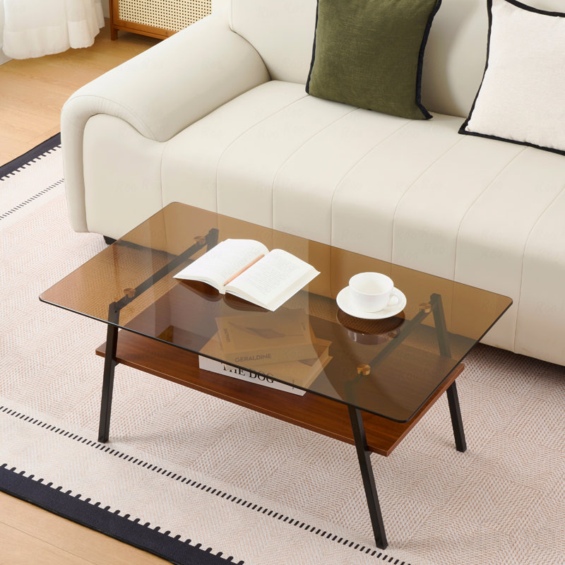 Table basse rectangulaire avec plateau en verre trempé et pieds en métal noir moderne, Brun, Noir