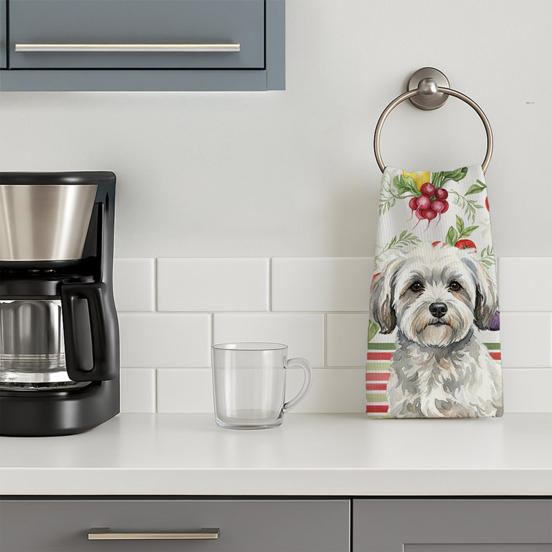 White with Gray Coton de Tulear Vegetables Kitchen Towel, White/Gray Coton de Tulear