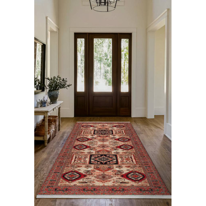 Nomad Spirit Collection Digital Print Cotton-Polyester Blend Red Beige Rug, Square 3'4"