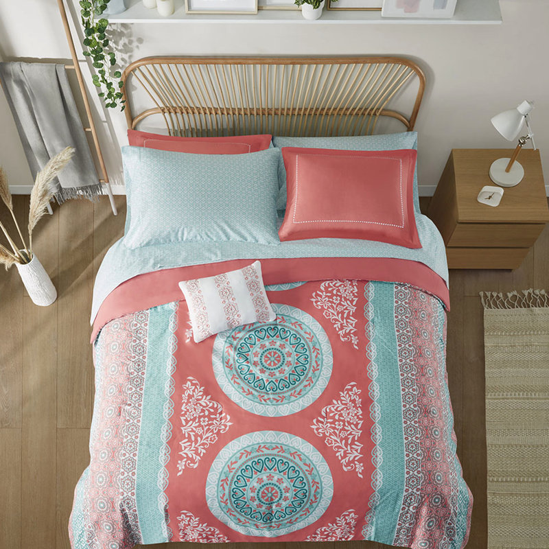 Édredon corail brodé lavable à la machine - literie brodée double avec draps, Édredon lit double + 8 pièces incluses, Corail