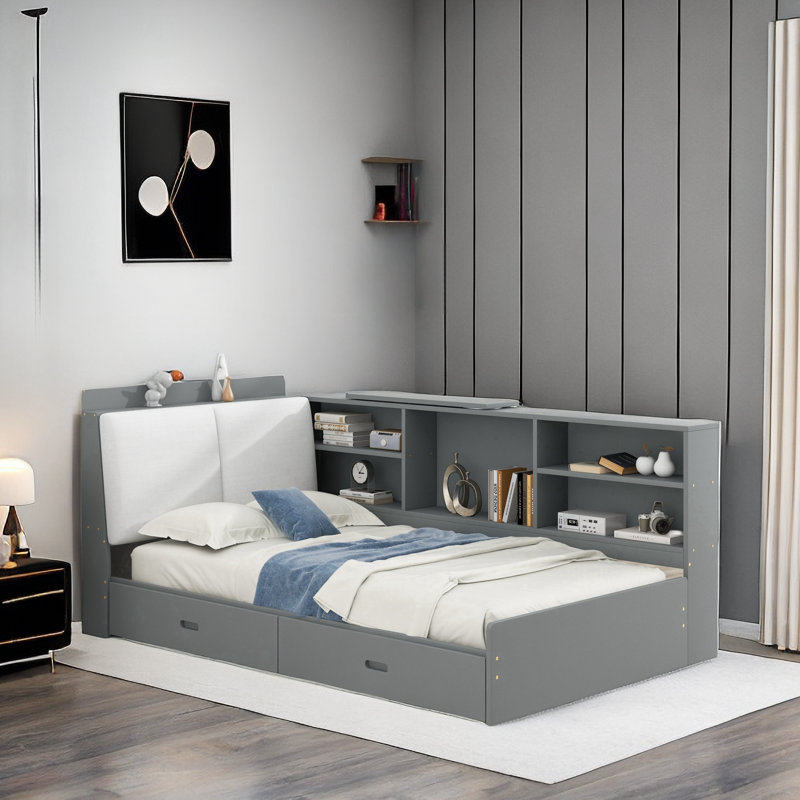 Lordina Bed with Upholstered Storage Headboard, Side Shelves and A Rotating Board, Gray