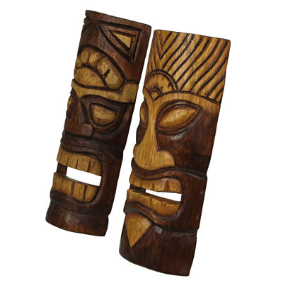 Set of 2 Brown Wood Natural Tiki Mask Wall Hangings-Abstract Design 12 Inches High