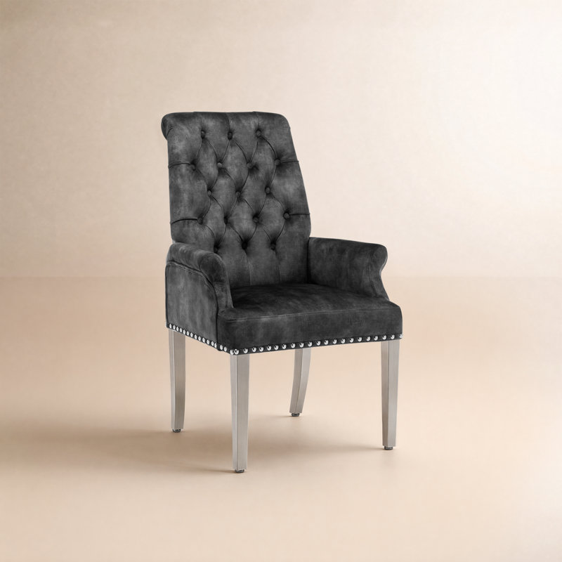 Chaises de salle à manger rembourrées à accoudoirs capitonnés, Velours gris foncé