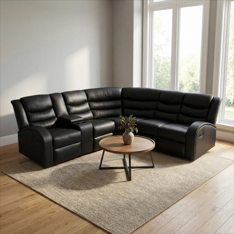 Reclining Sectional Sofa With Cup Holders & Storage, Curved Modular Sofa Set, Black Faux Leather