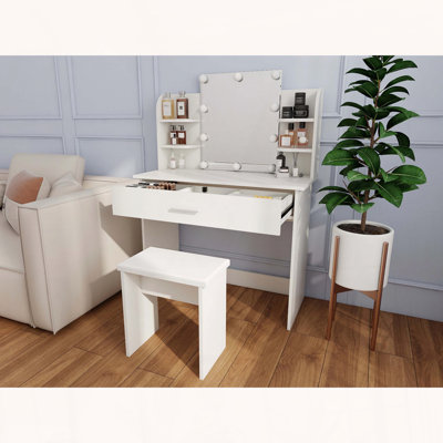 Compact Vanity Table with Spacious Drawer, Adjustable Mirror, and Stool