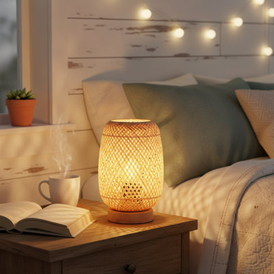 Mini lampe de table en rotin H 8,7 po - petite lampe d'appoint en osier avec base en bois Benvolio